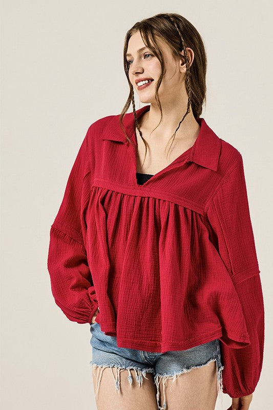 V-neck Bubble Sleeve Cotton gauze Babydoll Top