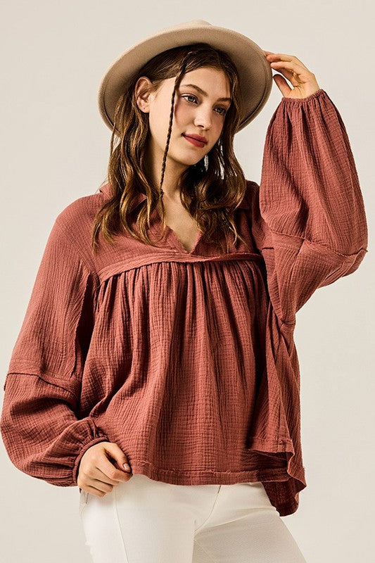 V-neck Bubble Sleeve Cotton gauze Babydoll Top