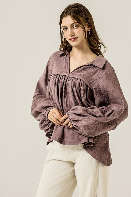V-neck Bubble Sleeve Cotton gauze Babydoll Top