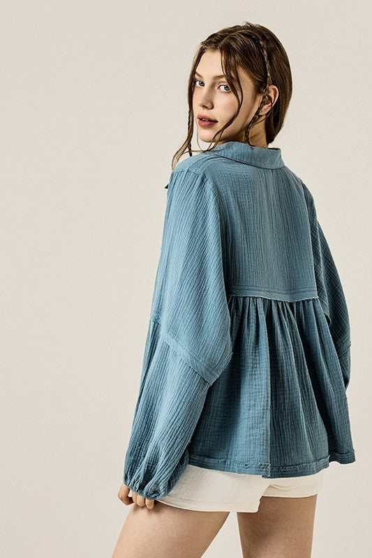 V-neck Bubble Sleeve Cotton gauze Babydoll Top