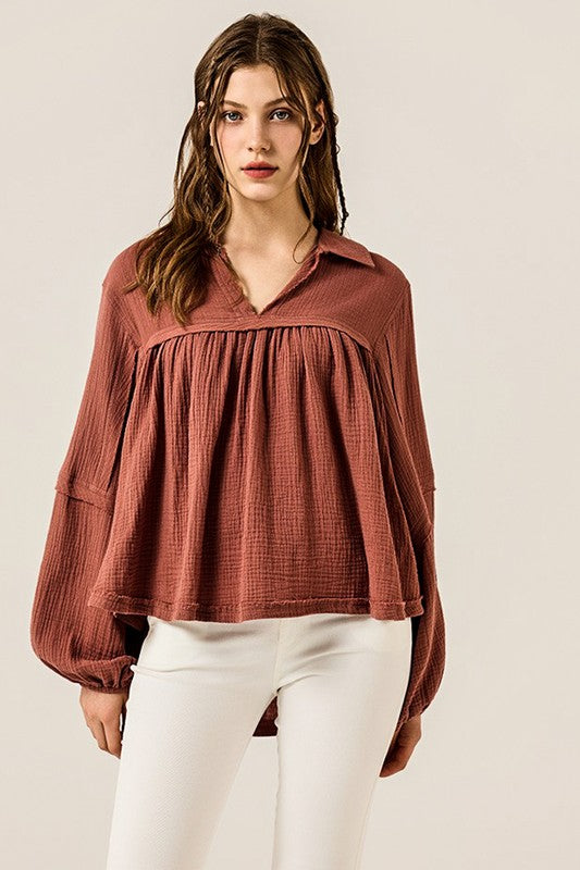 V-neck Bubble Sleeve Cotton gauze Babydoll Top
