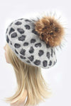 Wool Blend Leopard Print Raccoon Fur Pom Beret