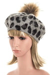 Wool Blend Leopard Print Raccoon Fur Pom Beret