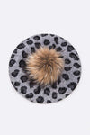 Wool Blend Leopard Print Raccoon Fur Pom Beret