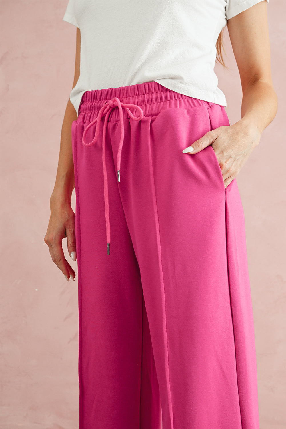 Rose Red Drawstring Smocked Waist Wide Leg Pants