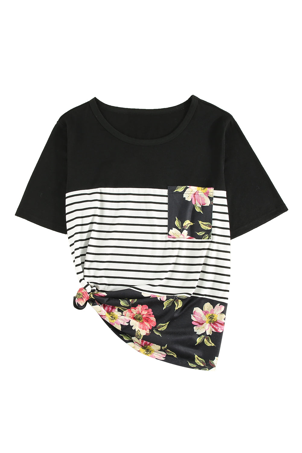 Black Stripe Floral Casual Splicing Block Plus Size Top