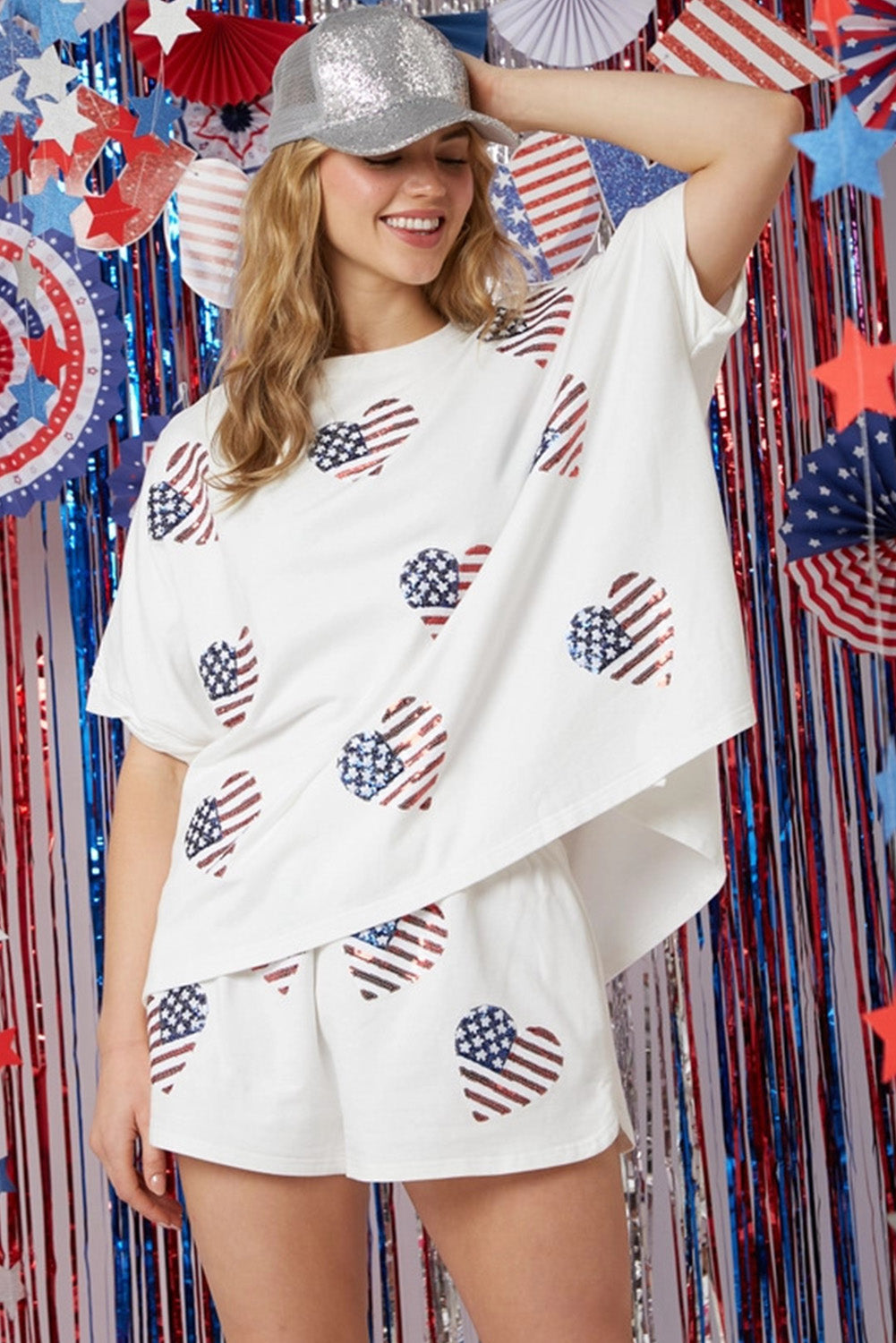 White American Flag Sequin Graphic Loose Top and Shorts Set