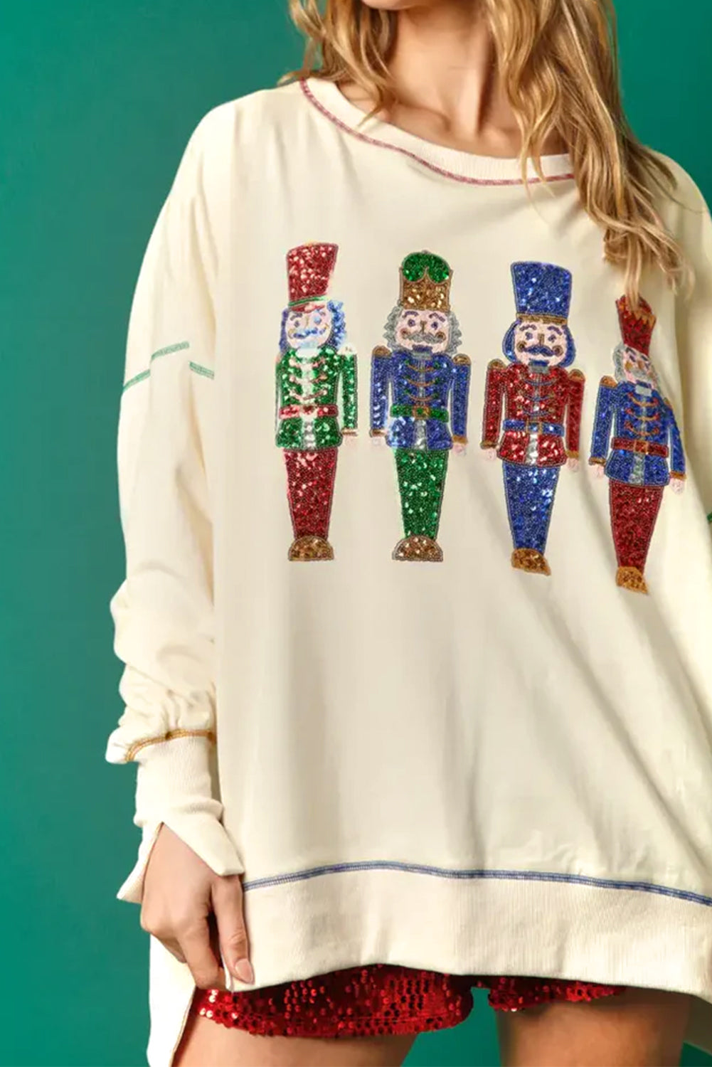 White Sequin Christmas Nutcracker Round Neck Sweatshirt