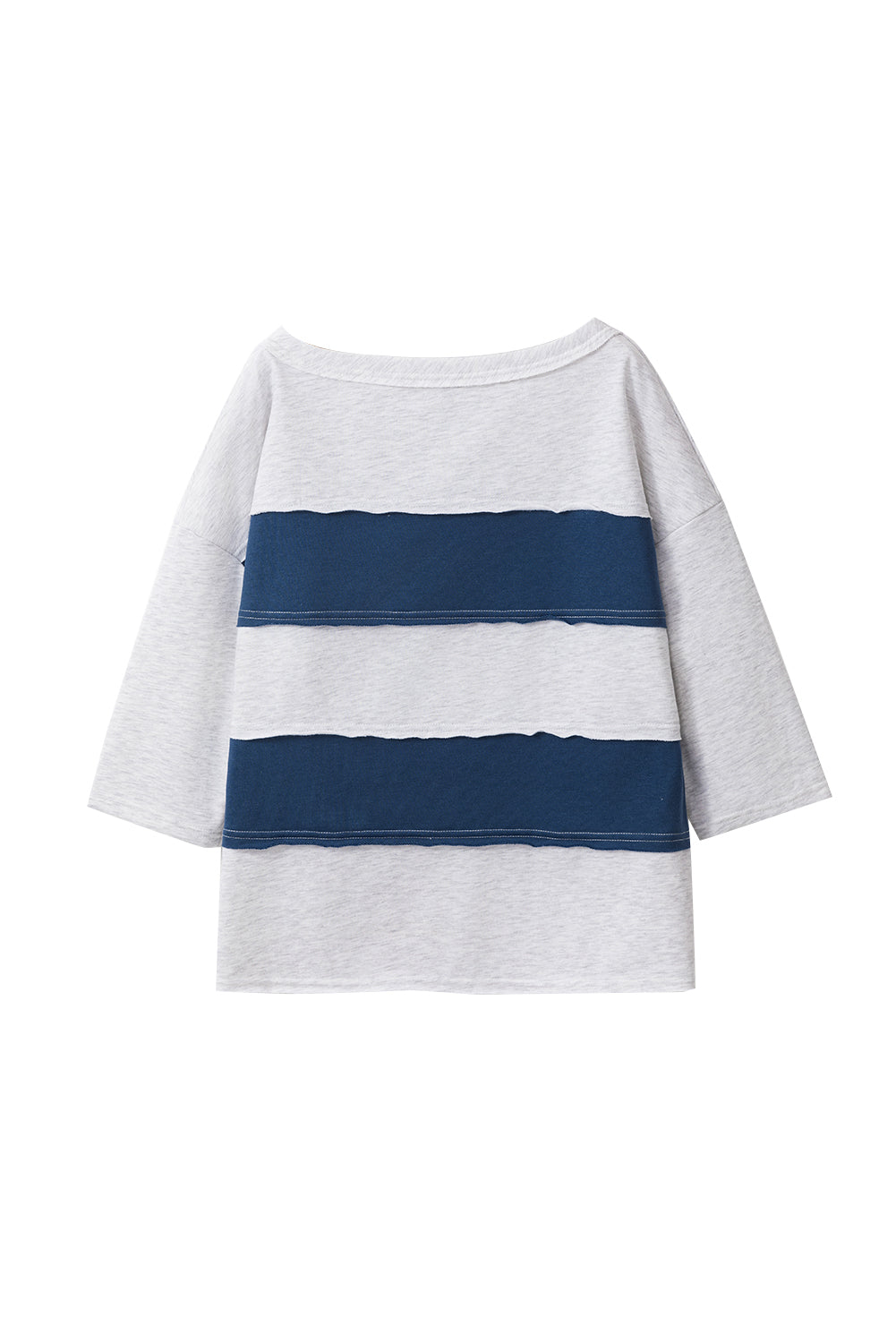 Sail Blue Striped Patchwork 3/4 Sleeves Raw Edge Sweatshirt