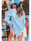 Sky Blue Light Wash Distressed Frayed Long Denim Jacket