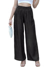 Black Side Pockets Frilled Smocked High Waist Wide Leg Jeans