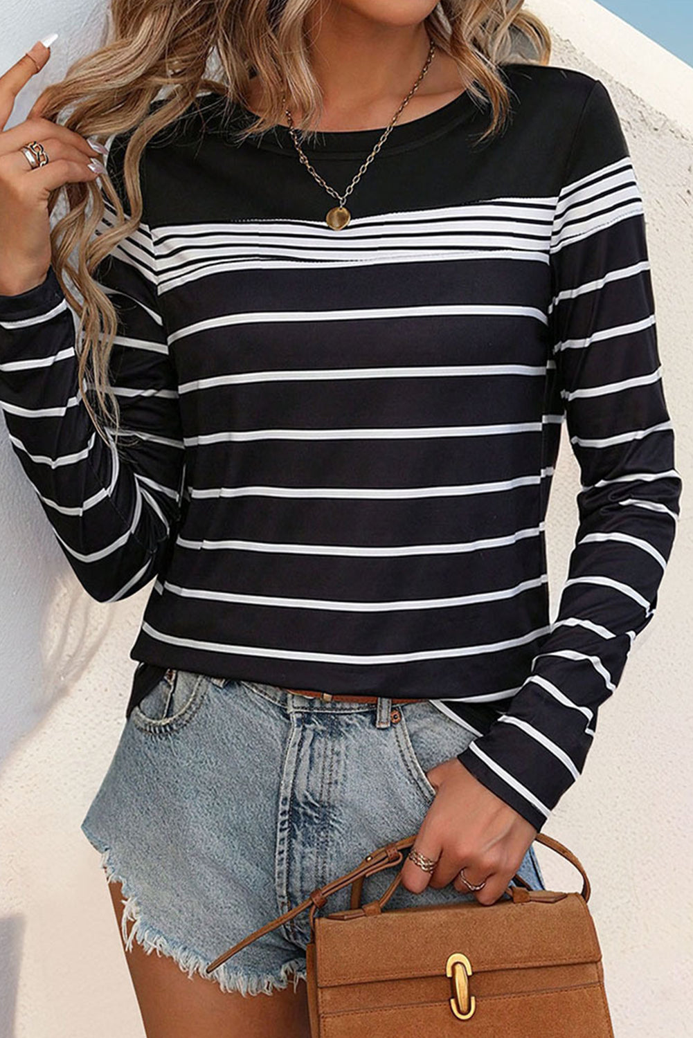 Black Casual Striped Long Sleeve Top