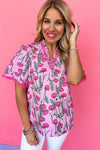 Pink Floral Print Lace Detail Frill V Neck Blouse