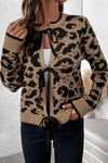 Brown Leopard Print Bow Tie Knit Cardigan