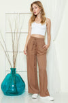 Brown Casual Drawstring Shirred Elastic Waist Wide Leg Pants