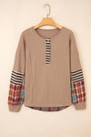 Straw Yellow Waffle Stripe Plaid Patchwork Henley Top