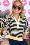 Blue Striped Long Sleeve V Neck Top