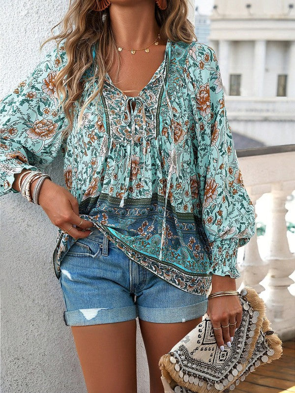 Women's Casual Boho V Neck Top Floral Blouses