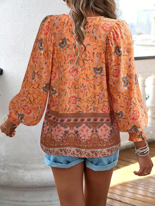 Women's Casual Boho V Neck Top Floral Blouses