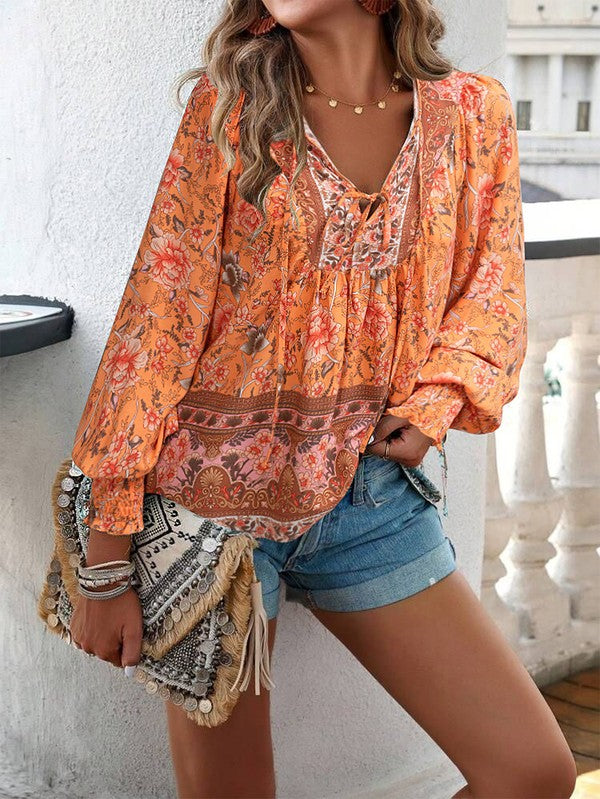 Women's Casual Boho V Neck Top Floral Blouses
