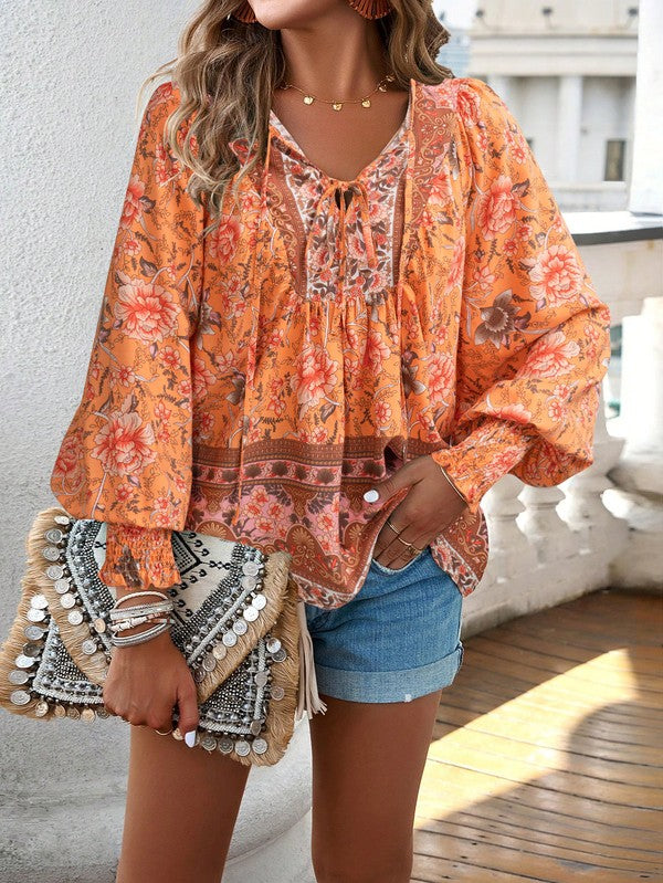 Women's Casual Boho V Neck Top Floral Blouses