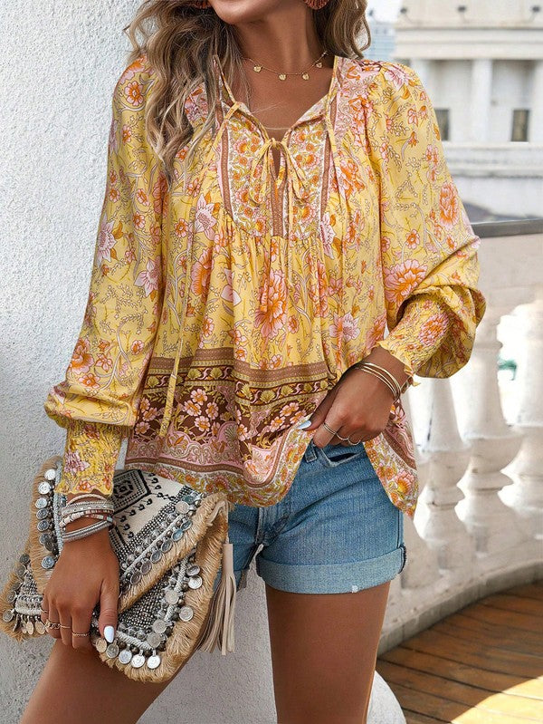 Women's Casual Boho V Neck Top Floral Blouses