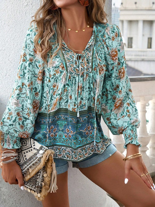 Women's Casual Boho V Neck Top Floral Blouses