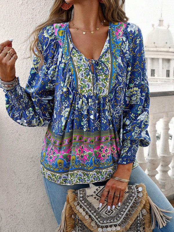 Women's Casual Boho V Neck Top Floral Blouses