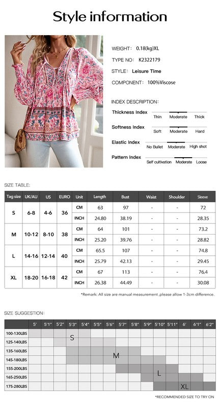 Women's Casual Boho V Neck Top Floral Blouses