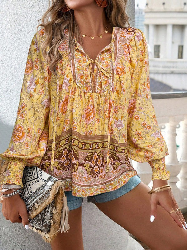 Women's Casual Boho V Neck Top Floral Blouses