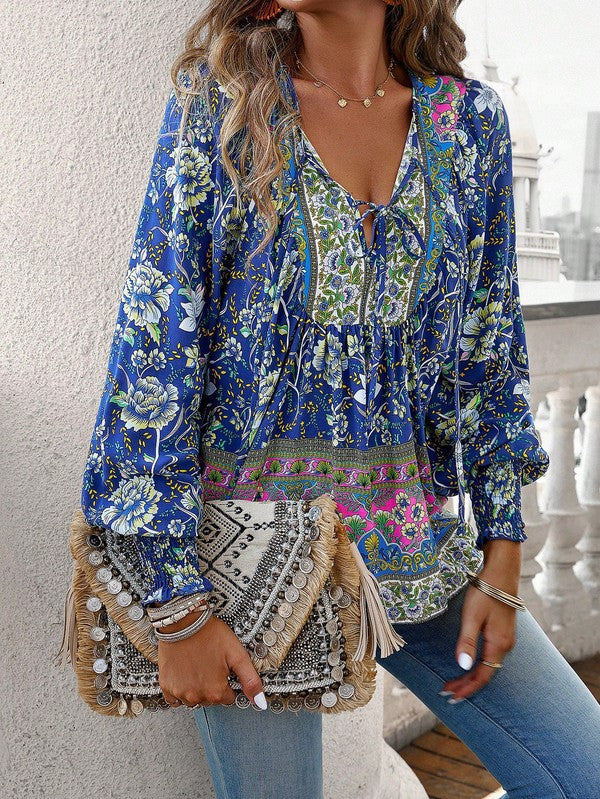Women's Casual Boho V Neck Top Floral Blouses