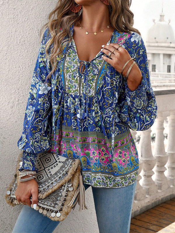Women's Casual Boho V Neck Top Floral Blouses