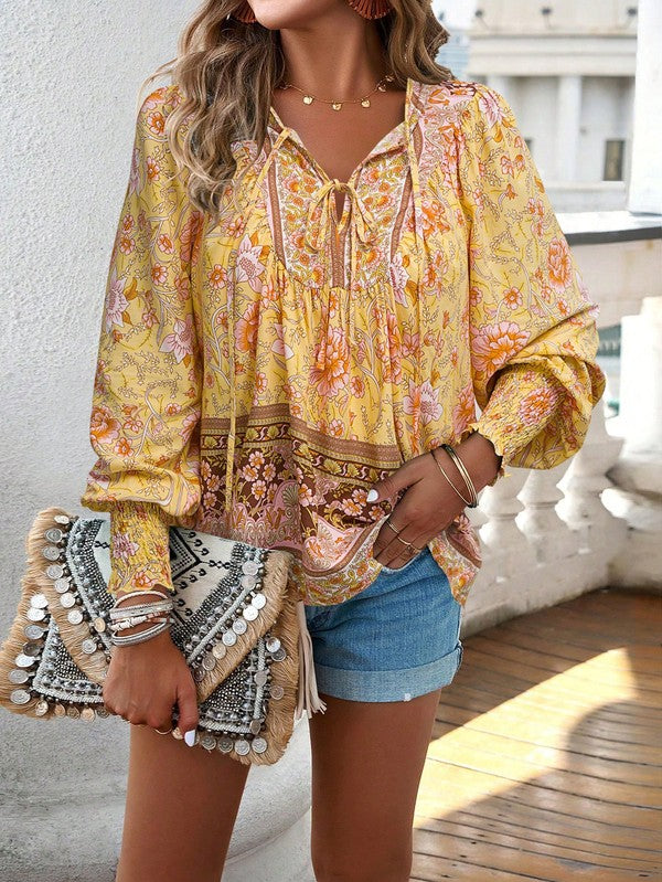 Women's Casual Boho V Neck Top Floral Blouses
