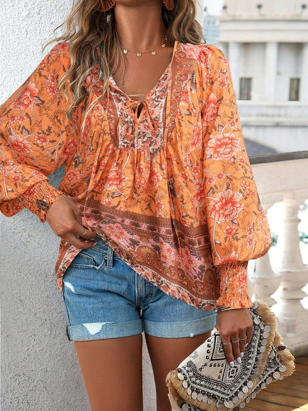 Women's Casual Boho V Neck Top Floral Blouses
