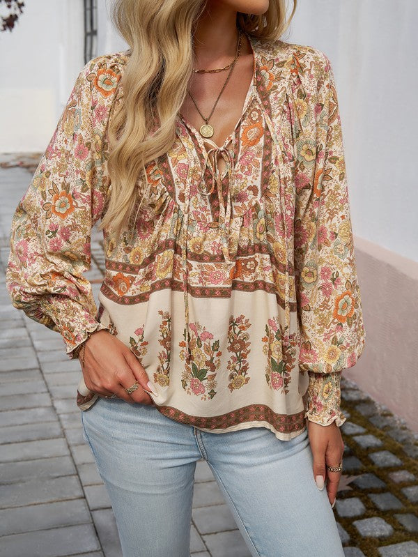 Women's Casual Boho V Neck Top Floral Blouses