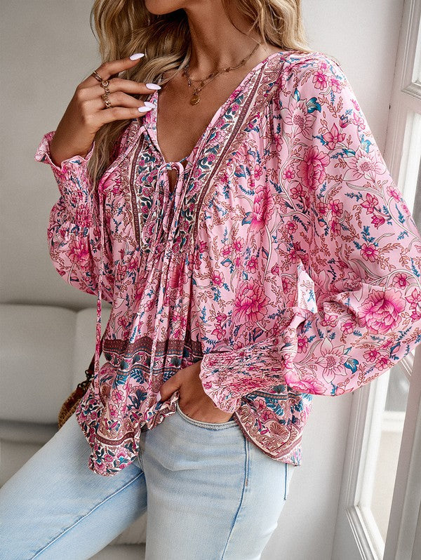 Women's Casual Boho V Neck Top Floral Blouses