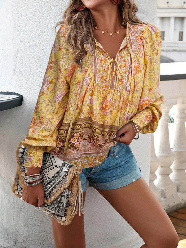 Women's Casual Boho V Neck Top Floral Blouses