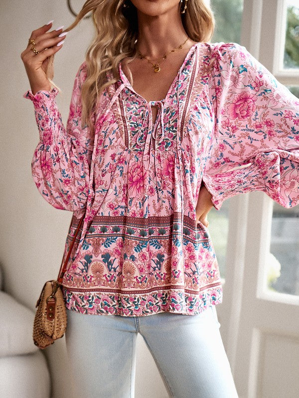 Women's Casual Boho V Neck Top Floral Blouses