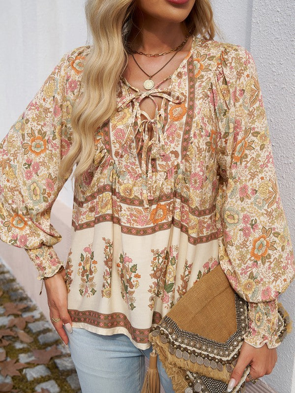 Women's Casual Boho V Neck Top Floral Blouses