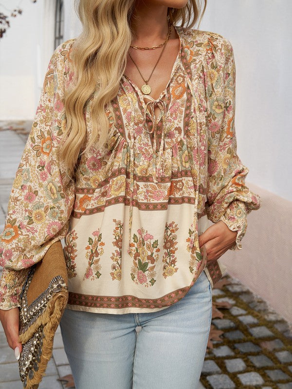 Women's Casual Boho V Neck Top Floral Blouses
