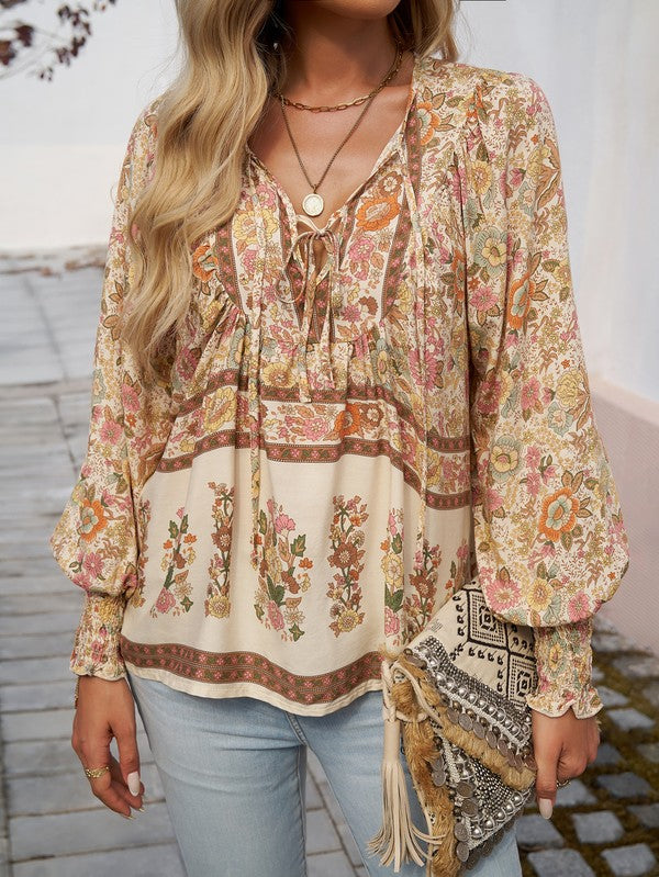 Women's Casual Boho V Neck Top Floral Blouses