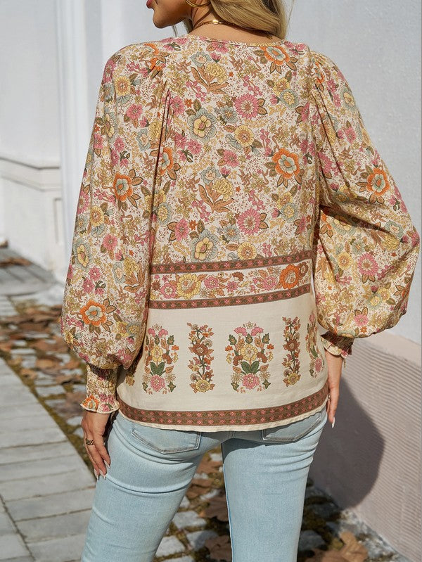 Women's Casual Boho V Neck Top Floral Blouses