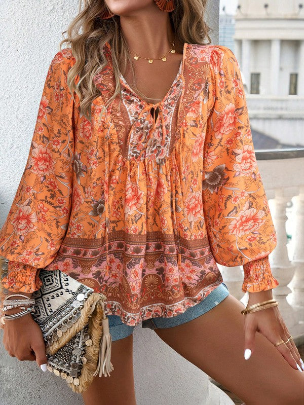 Women's Casual Boho V Neck Top Floral Blouses