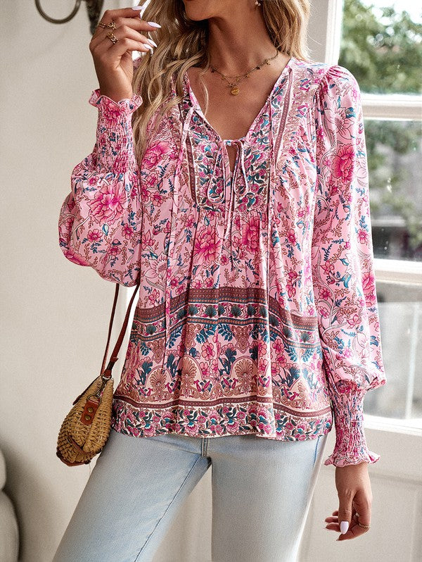 Women's Casual Boho V Neck Top Floral Blouses