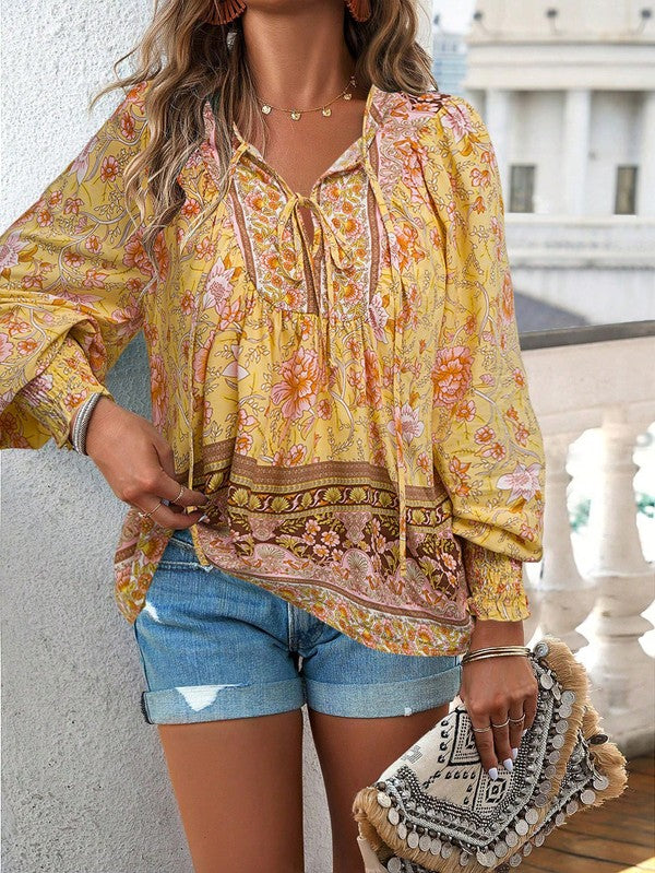 Women's Casual Boho V Neck Top Floral Blouses