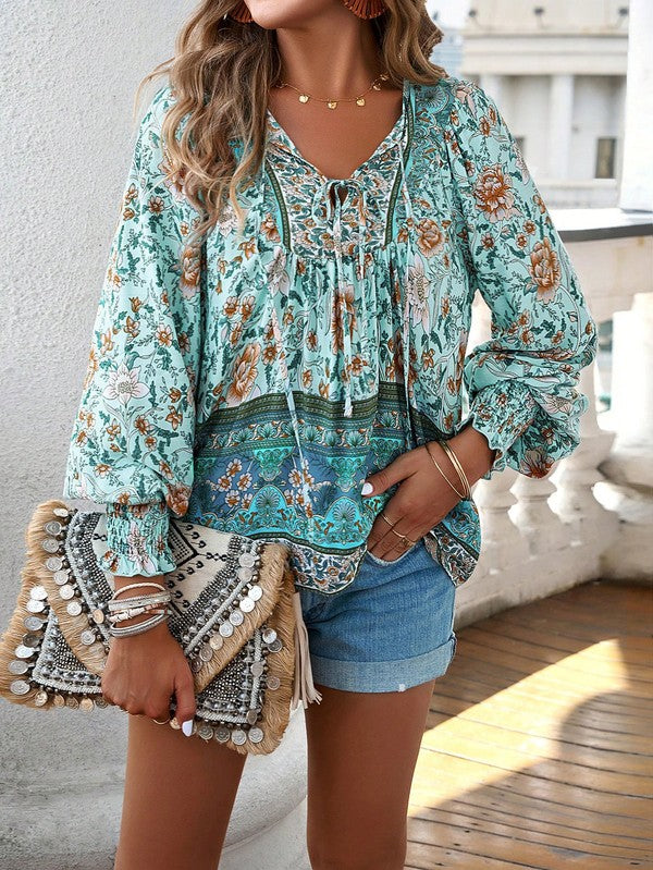 Women's Casual Boho V Neck Top Floral Blouses