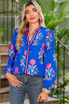 Blue Floral Print Pop Of Color V Neck Puff Sleeve Blouse