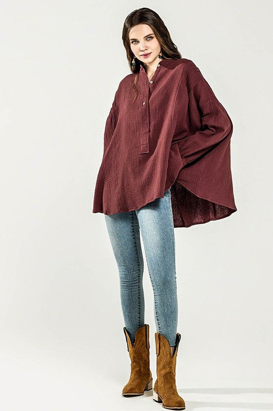 Oversized Pleat Ballon sleeve  High and low Top