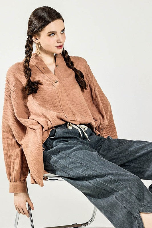 Oversized Pleat Ballon sleeve  High and low Top