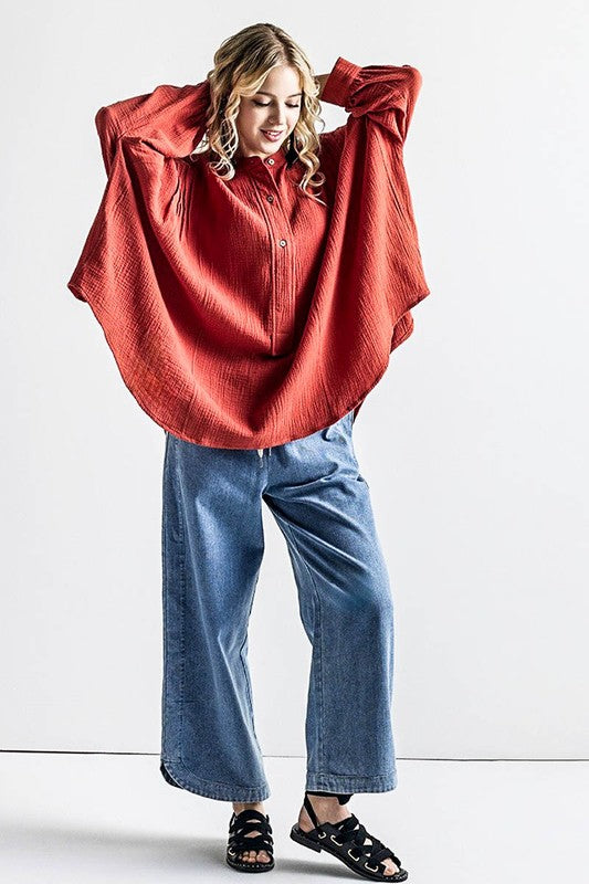 Oversized Pleat Ballon sleeve  High and low Top